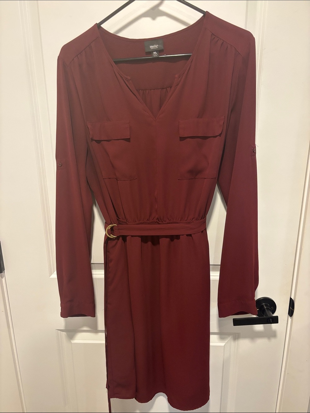 Worthington Burgundy Long-Sleeve Belted V-Neck Dress